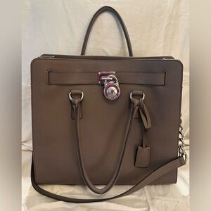 Michael Kors Taupe Leather Briefcase Tote with Signature Lock